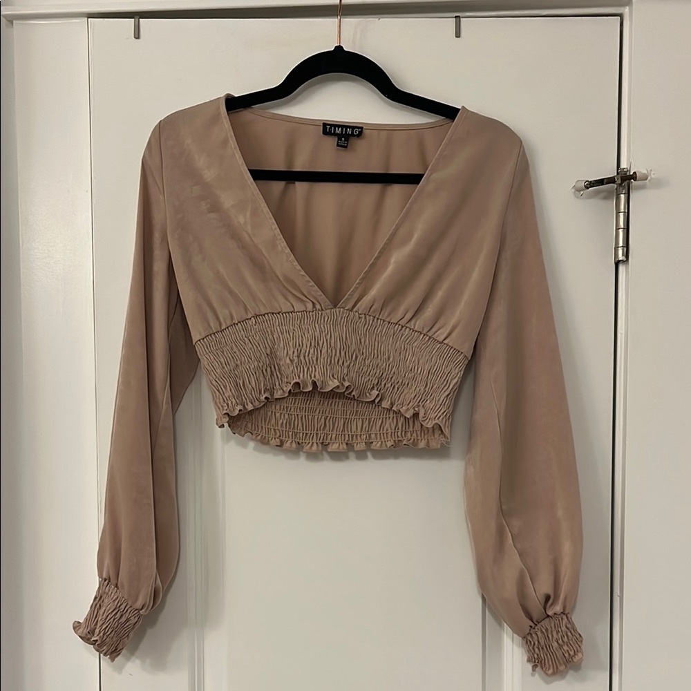 Timing Tan Smocked Crop Blouse with Puff Sleeves